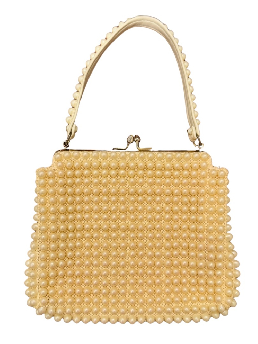 Vintage Pearl-Embellished Cream Frame Clutch Purse Handbag - Retro!